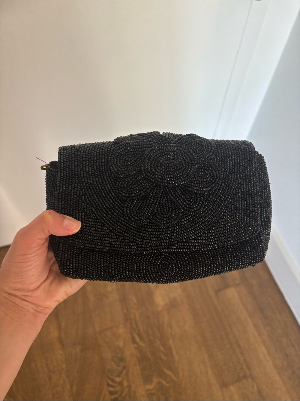 Anthropologie Black Beaded Floral Clutch